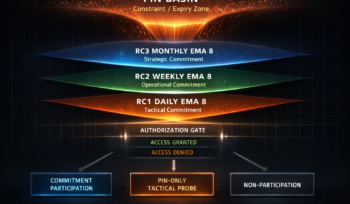 Law X formalizes the Dual-Magnet Principle (Pin Basin → Commitment Basin) and the Regime Commitment Trinity (Daily, Weekly, Monthly) to compute regime authority, permission commitment, and eliminate guessing across all asset classes.